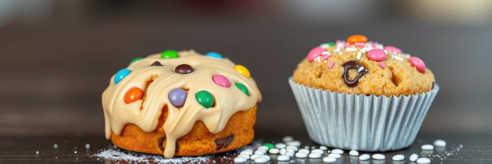 Deliciously decorated cupcakes with colorful toppings displayed on a wooden table